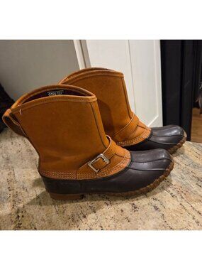 LL Bean Lounger Boots Mens 8 Brown Leather Rubber Duck Boots Buckle Strap Gortex